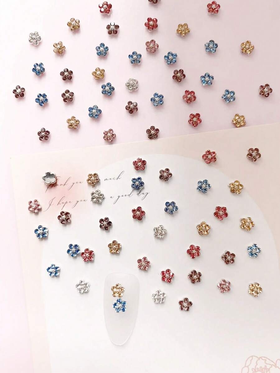 5 件/10 件/50 件春夏美甲配件，迷你合金金属花朵设计美甲装饰，3D 成品花形玻璃堆钻美甲产品，DIY，闪亮美甲宝石，适用于装饰指甲美甲用品指甲美甲饰品 - 彩色 - 查看 1
