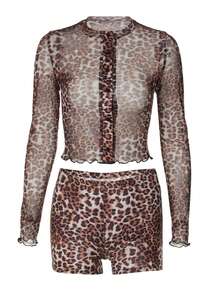 Sexy Semi-Sheer Floral Print Cardigan With Long Sleeve Top & Fitted Shorts Set - Brown - View 4