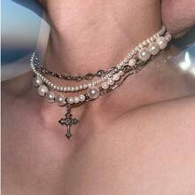 2 件人造珍珠项链四层一体式短吊坠链堆叠人造珍珠长吊坠链百搭简约时尚项链套装适合情侣在日常生活中佩戴也适合派对约会和夏日海滩海边 - 白色 - 查看 5