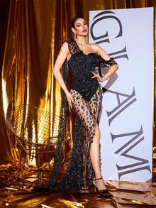Black One Shoulder Tulle 3D Floral Ribbon Split Maxi Evening Dress - Black - View 5