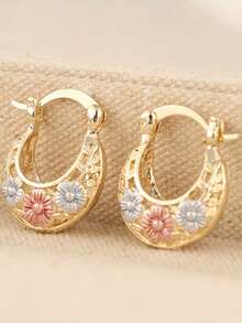 14K 镀金铜复古花朵雕刻环状耳环，优雅奢华的女士珠宝，非常适合圣诞节礼物和节日庆典，适合所有季节 - 金色 - 查看 3