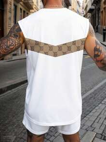 Men's Letter Print Crew Neck Sleeveless Tank Top And Shorts Casual Set - Khaki - View 3