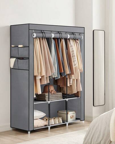 Armario de Ropa, Armario de Tela Portátil, con 3 Barras para Colgar, Estantes, 4 Bolsillos Laterales, 45 x 130 x 167 cm, Espacioso para Dormitorio, Salón, Gris