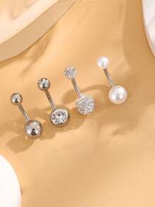 4 قطع أقراط سرة من الفولاذ المقاوم للصدأ المرصعة بالراين ستون، مجوهرات بسيطة لثقب البطن للنساء