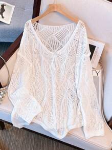 Women's Summer V-Neck Openwork Diamond Pattern Design Loose Knit Cover Up Coverup, Beach Resort