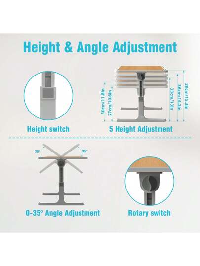 LILIIN Portable Foldable Laptop Tafel Height Adjustable Bedside 60 39.5 Cm Tablet Holder, Anti Slip Strip MDF Bed, Ofa Travel, Verlichting Gray/Warm White/Brushed Black/Walnut/White Maple view 5
