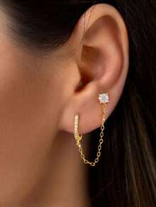 Newsoul 1件闪亮链条镶嵌立方氧化锆水滴耳环，女士珠宝，派对礼物，925纯银耳钉，独特迷人精致珠宝