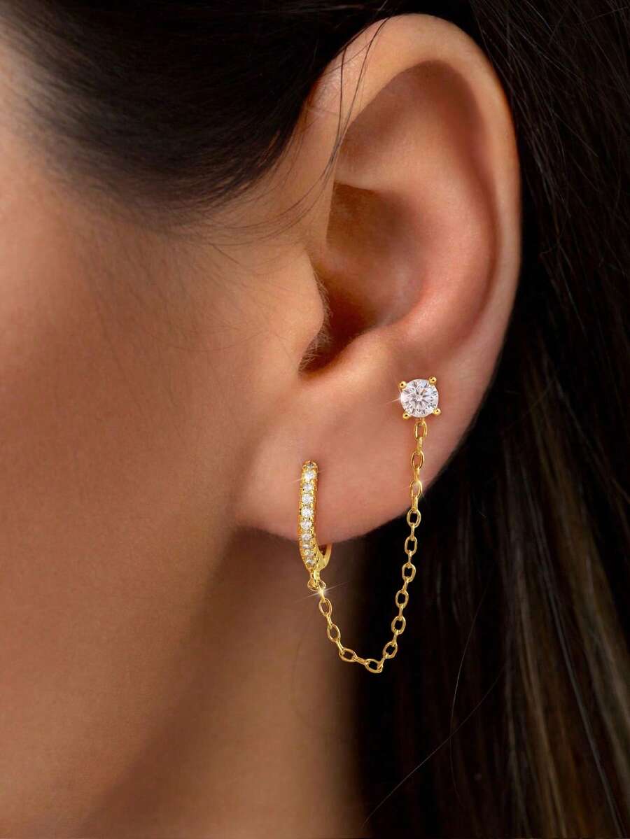 Newsoul 1件闪亮链条镶嵌立方氧化锆水滴耳环，女士珠宝，派对礼物，925纯银耳钉，独特迷人精致珠宝