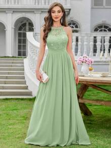 MIUSOL Vestido largo de gala formal con cuello de halter, sin mangas, con volantes, de gasa con lentejuelas y encaje floral