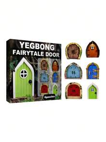 Caja de 6 puertas decorativas de madera en estilo de cuento de hadas, decoración de enanos miniatura para patios y árboles