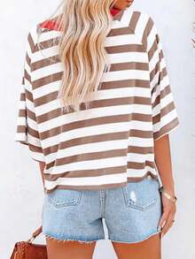 Casual Minimalist Striped Pattern Round Neck Short Sleeve Loose Women's T-Shirt, Suitable For Summer, Oversized T Shirt - Mocha Brown - View 2
