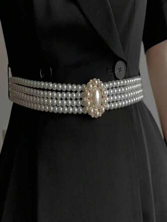 Geometric Pattern ABS Waist Chain Belt For Women, Fashion Oval Pearl Decor, Suitable For Spring, Summer, Autumn, Winter