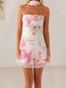 Women Mini Dress, Strapless Backless Flower/Solid Slim Fit Summer Tube Dress Clubwear With Scarf - 白色 - 查看 4