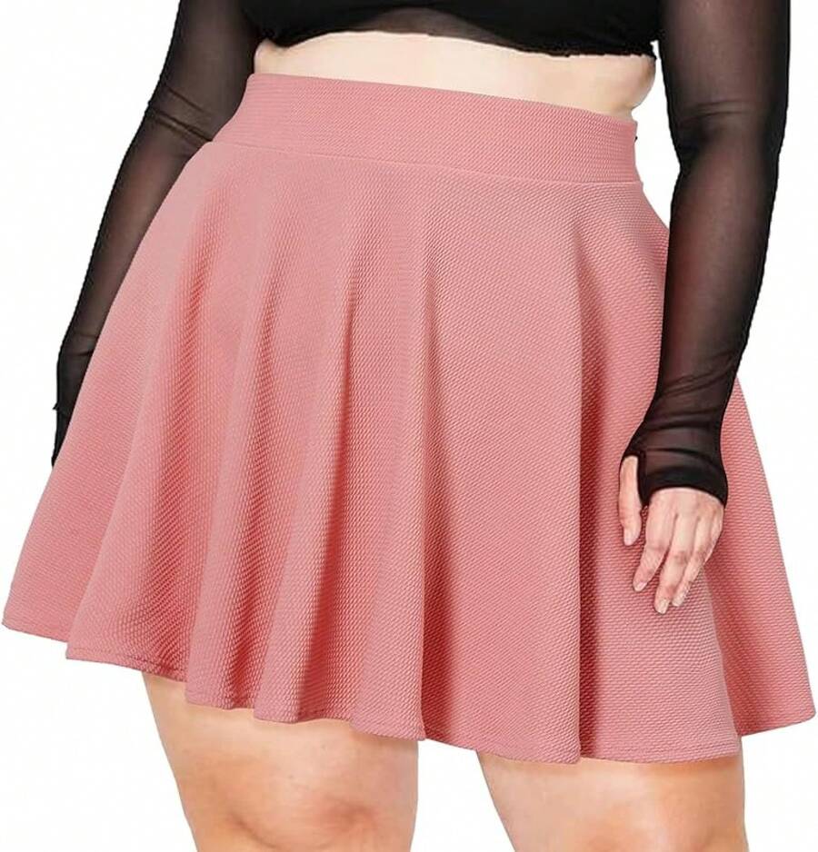 Moon Wood Women's Plus Size Mini Skater Skirt- Basic Versatile High Waisted Flared Casual Stretchy Skirts - Pink - View 1