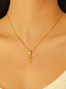 1 pièce Collier mode rétro en acier inoxydable croix, pendentif ovale creux avec chaîne en arête de poisson, convient pour un port quotidien, pour les fêtes et les festivals