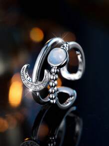 1 pièce Bague ouverte femme à la mode et mignonne avec design de ligne creuse de lune et lapin, pierre CZ. Convient pour date, soirée, anniversaire, vacances