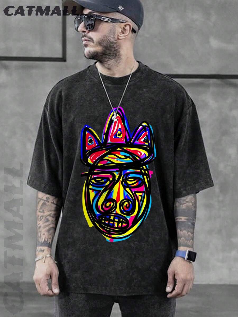 Camiseta gráfica Rugrats Y2K - Camiseta efecto lavado vintage - Camiseta con estampado de graffiti 2025 - Camiseta unisex de 100% algodón con diseño de arte de máscara bold (regalo de streetwear para festivales de música y atuendos urbanos) - Negro - Ver 1