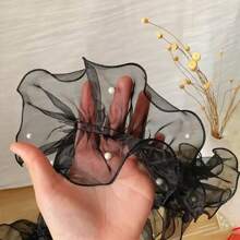 1roll/2yards 4.33inch Dense Pleated Beaded Tulle Lace Ribbon, Floral Bouquet Ribbon, Shiny Pearl Wave Ribbon