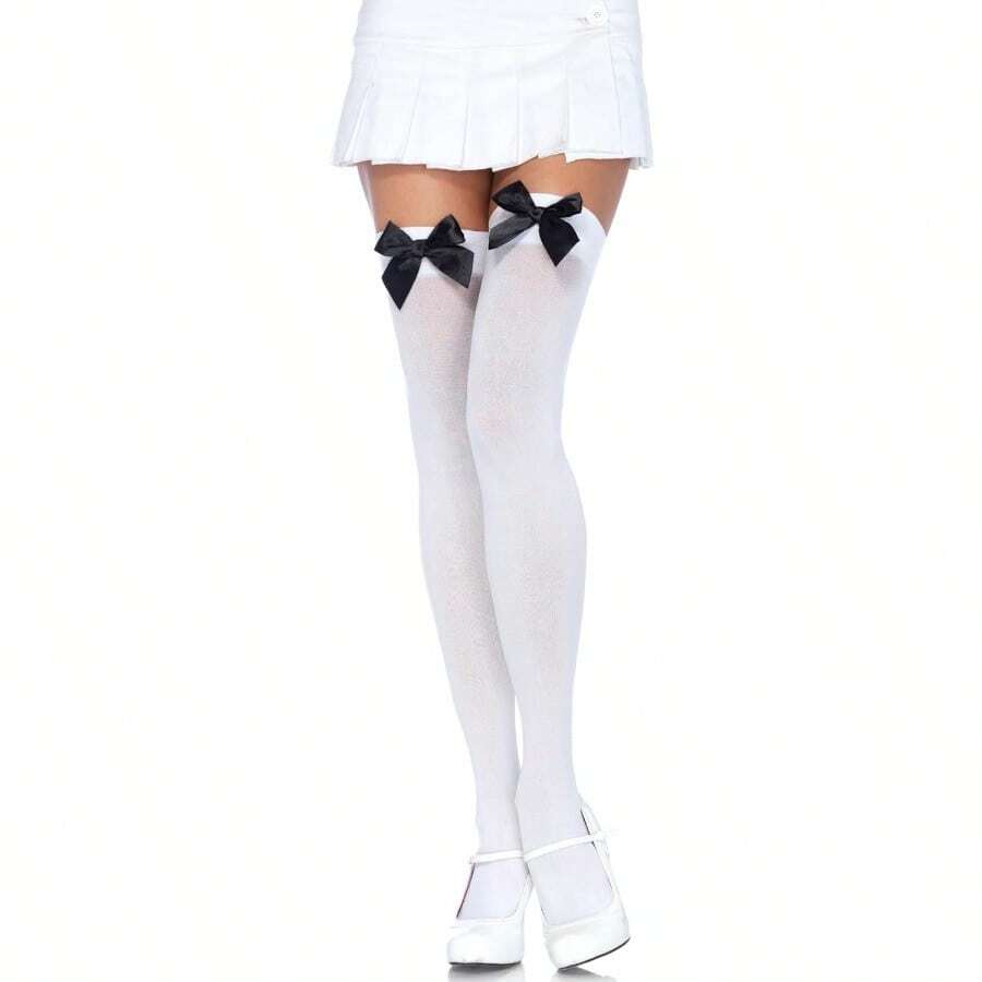 Women Satin Bow Accent Thigh Highs - 均碼 - 查看 1