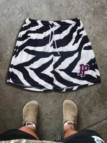 Men's Contrast Color All-Over Print Lettering Casual Sports Basketball Shorts, Summer, Football Style, Shorts For Men - White - View 5