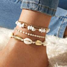 Set de tobillera de cadena con piedras trituradas de verano para mujer, pulsera para el tobillo con dije de concha estilo bohemio, joyería hecha a mano de color dorado con cuentas y lentejuelas, accesorio de playa para pies descalzos