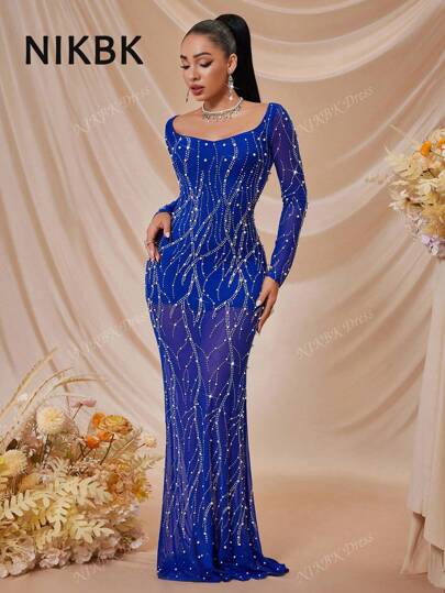 Women's Glitter Sweetheart Neck Long Sleeve Embellished With Pearls & Rhinestones Mermaid Shape Empire Waist Maxi Graduation Dress Formal Concert Evening Gown Suitable For Prom,Ball,Birthday,Wedding Events