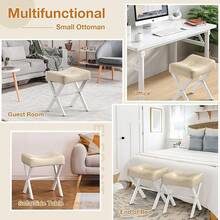 18-Inch Leather Vanity Stool, Vanity Chair With Metal X-Leg, Ottoman Foot Stool With Thick Padded Saddle Seat, Beige - Beige - View 7