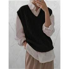 Local Delivery-Viscose & Polyester Blend For Spring, Summer & Fall - Casual Solid Color Lightweight Knitwear, Knit Sweater,Women's Oversized Cable Knit V-Neck Sweater Vest - Sleeveless Loose Pullover Top In Soft Nylon, - Black - View 3