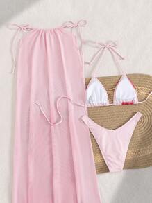 مجموعة 3 قطع للنساء من البيكيني والتنورة الملونة بطبعة زهور للشاطئ وعطلة الصيف، على طراز البوهيمي بياقة علوية