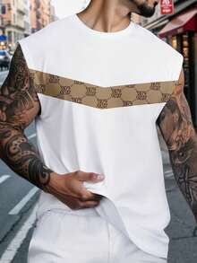 Men's Letter Print Crew Neck Sleeveless Tank Top And Shorts Casual Set - Khaki - View 2