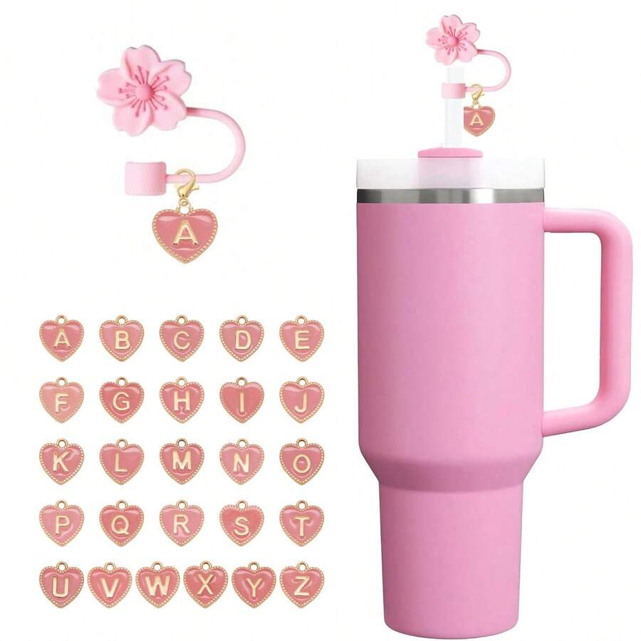 1 件心形字母九重葛花可重复使用吸管装饰、防尘盖、吸管标记、适合 10 毫米宽吸管、饮具装饰、婚礼派对感恩节圣诞礼物