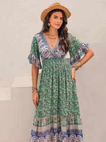 Rusttydustty Vestido de verano elegante con cruce floral azul para mujer de talla grande, ideal para vacaciones en la playa, Día de San Valentín, fiestas de verano, Coachella, Hawái, y viajes tropicales con volantes