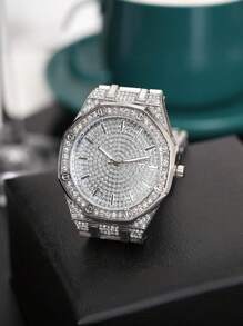 1 Peça Relógio de Quartzo Quadrado Fashionable Masculino com Banda de Aço Inoxidável Decorada com Strass e Calendário