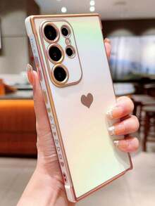 Capa de Telefone Macia Compatível com Samsung Galaxy S25 S24 S23 S22 Ultra S25 Edge, Proteção de Câmera à Prova de Choque, Capa Traseira Protetora Gradiente Aurora de Coração de Luxo com Acabamento em Banho