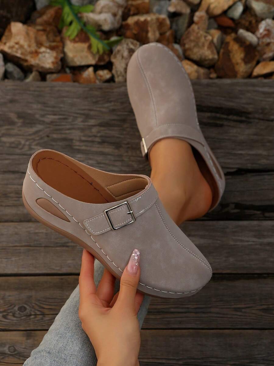 2025 Vintage Fashion Versatile Round Toe Leather-Coated Platform Thick Bottom Hook & Loop Slip-On Wedge Heels Shoes For Women, Extremely Lightweight - Khaki - View 1