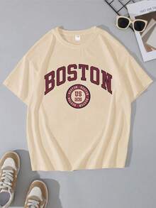 Teens "BOSTON" Letter Print Loose Fit Short Sleeve T-Shirt, Suitable For Student Daily Wear, Great Choice For Spring/Summer - Apricot - View 2