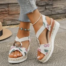 Sandales à plateforme graffiti colorées - Sandales compensées à boucle large et élastique en canevas pour femmes - Détails tressés, convient pour les sorties à la plage