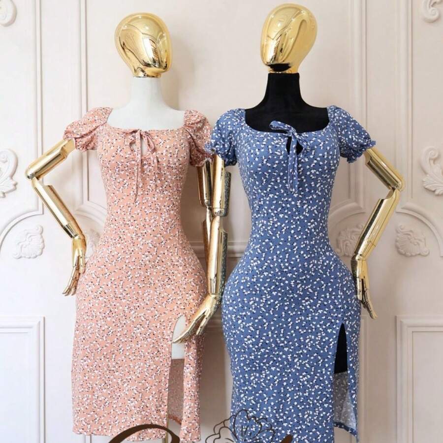 CUTE Vestido Con Estampado Floral De Hombros Descubiertos Con Abertura Y Cinturón En La Cintura Adecuado Para El Verano Dama Mujer - Azul - Ver 1