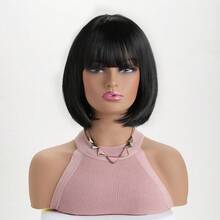 Women's Fashion Natural Short Curly 12-Inch Synthetic Fiber Inverted Bob Short Wig With Air Bangs, Suitable For Birthday, Festival, Ball, Performance, Role Play, Costume, Carnival Party