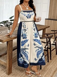 大码女式花卉印花阔腿连体裤