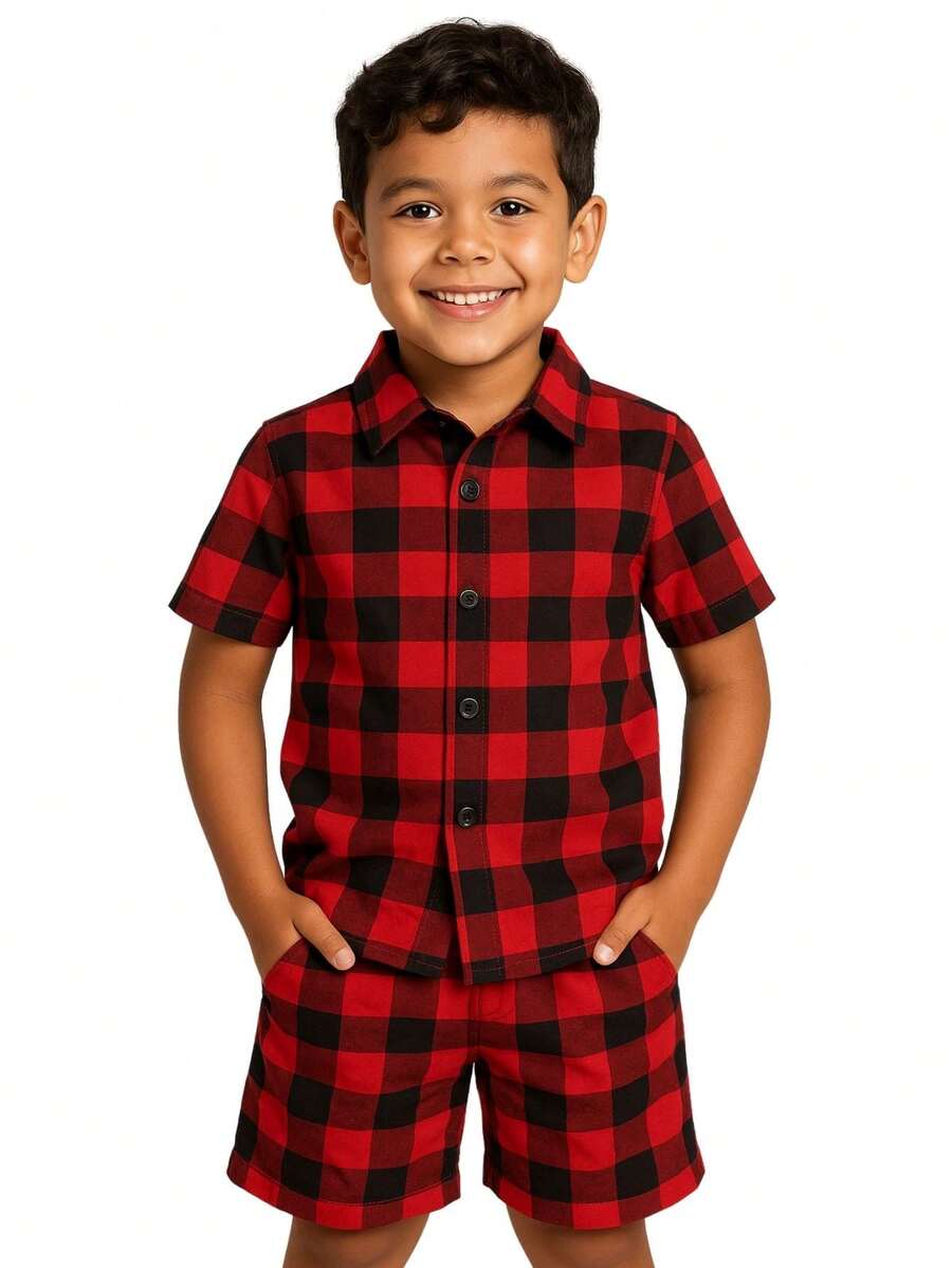 Children's Set Boy Shirt And Shorts Comfortable In Viscolinho - Red - View 1