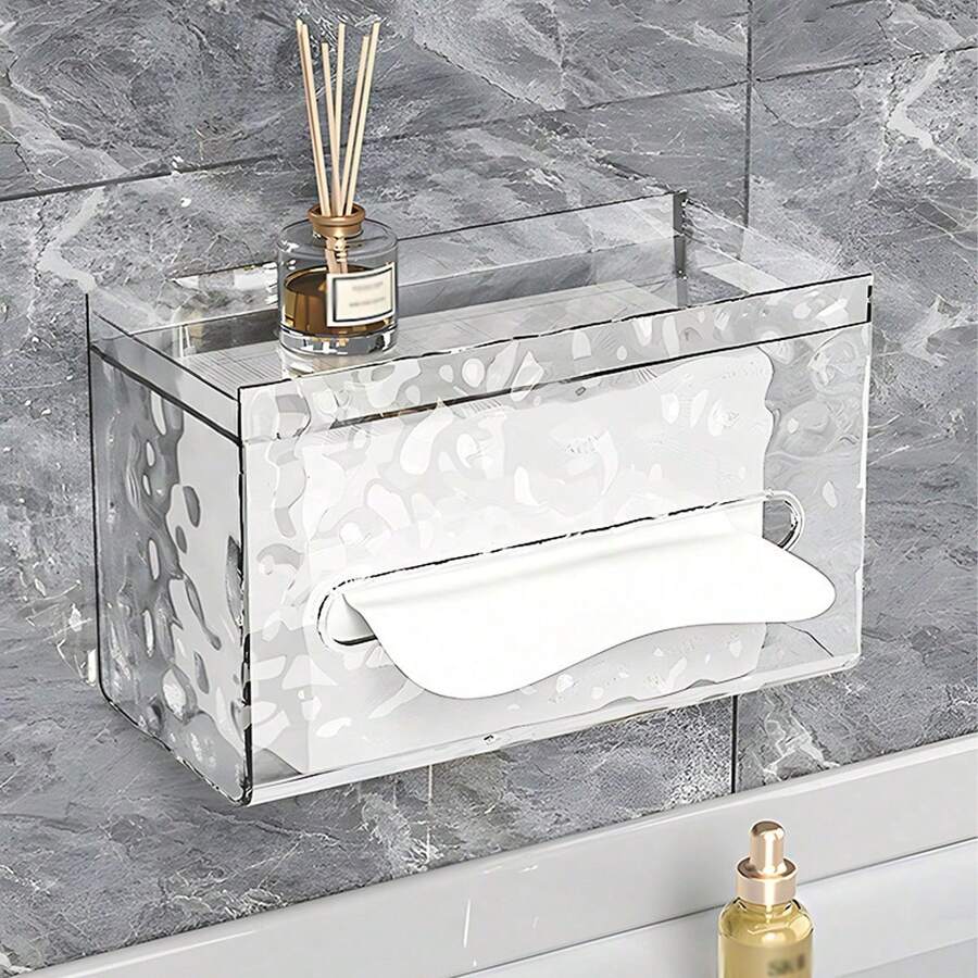 1/3pcs (White Or Black Or Green)Large Transparent Glacier Tissue Boxes, Transparent White+Transparent Gray Wall Mounted Non Perforated Storage Boxes, Waterproof Tissue Boxes, Suitable For Bathrooms, Living Rooms, And Kitchens,Tissue Box Holder