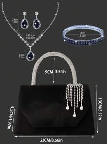 Bolso de mano con colgante de brillantes, elegante bolso de mano con brillantes para novia y fiesta, exquisito y elegante bolso para fiestas y reuniones de mujeres, con un set de 3 piezas de joyería con colgante de brillantes: collar, aretes y pulsera. Adecuado para fiestas, bodas, cenas, reuniones y bailes.