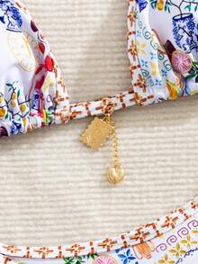 女士新款两件套印花比基尼套装，可爱性感，交叉后背设计，适合海滩度假