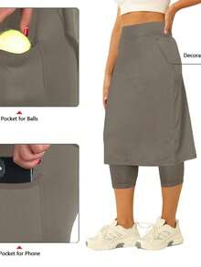 Womens Tennis Skirt With Capris Leggings Golf Knee Length Skorts Athletic Long Skirts For Women With Pockets - 灰色 - 查看 3