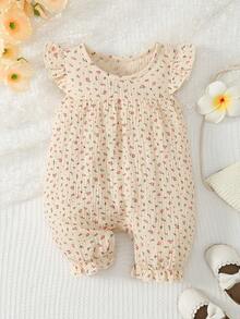 女婴休闲碎花连体衣，带飘袖，夏季 - 杏色 - 查看 1