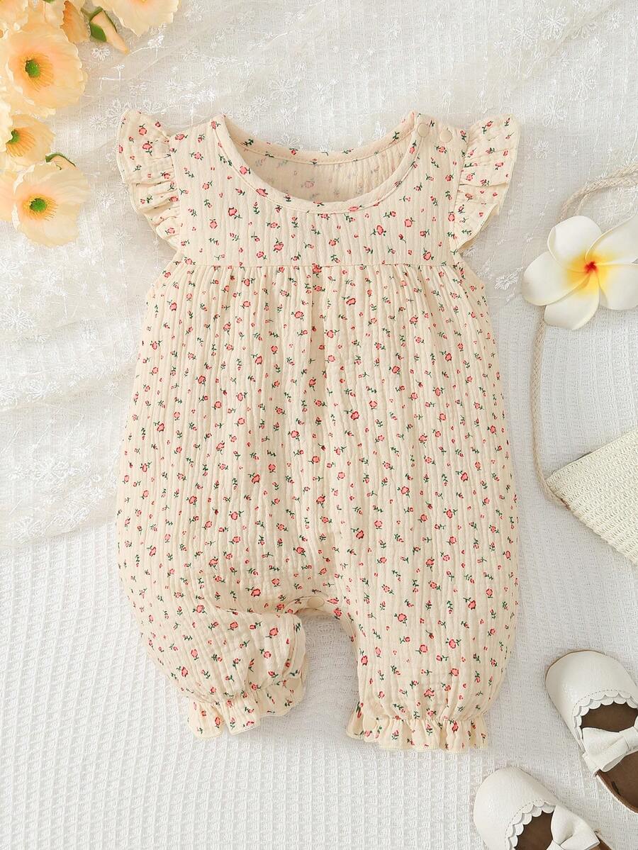 女婴休闲碎花连体衣，带飘袖，夏季 - 杏色 - 查看 1