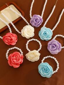 2pcs/Set Girls Pearl Beaded Flower Necklace & Bracelet Set