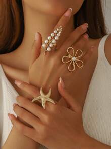 1 pieza Anillo minimalista con patrón floral único de estilo de moneda antigua, de metal liso con diseño geométrico floral en espiral