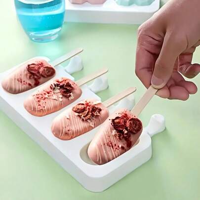 Popsicle Molds , Ice Pop Molds Silicone 4 Cavities Ice Cream Oval Cake Pop Mold With 50 Wooden Sticks For DIY Popsicle, Clear.